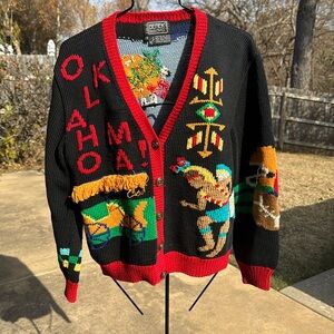 Vintage Oklahoma Western Berek Marta D Hanknitted Sweater Oil Horses Indian 1989